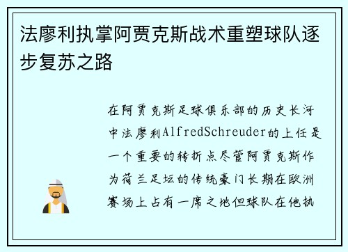 法廖利执掌阿贾克斯战术重塑球队逐步复苏之路 法廖利执掌阿贾克斯战术重塑球队逐步复苏之路